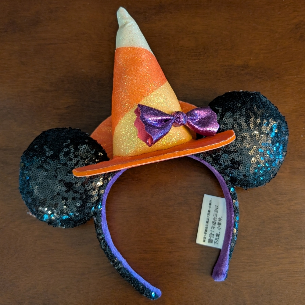 Disney Halloween Minnie Orange and Yellow Witch Hat Headband with Black Ears